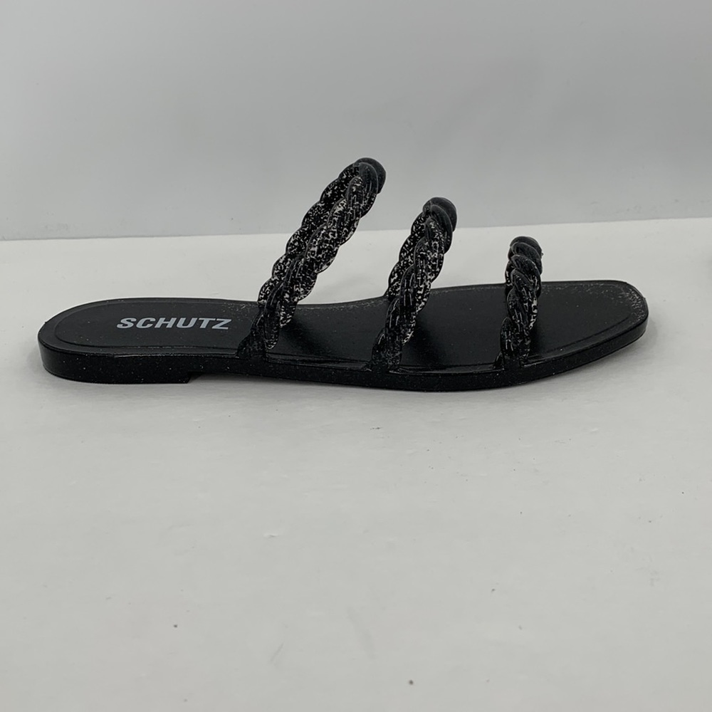 Schutz Diana black glitter jelly flat slide sandals twisted strap new 6 7